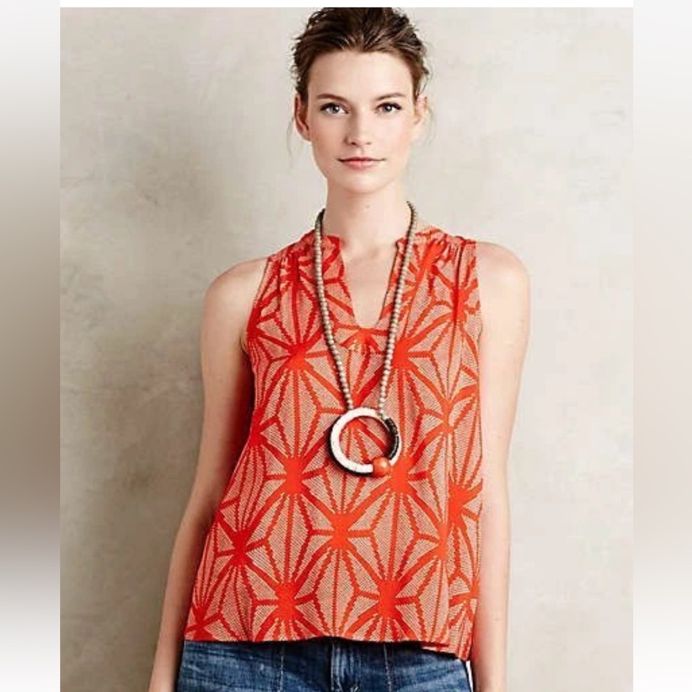 ANTHROPOLOGIE Maeve Enna Tank, Red-Orange & White Geo Print, Size 4